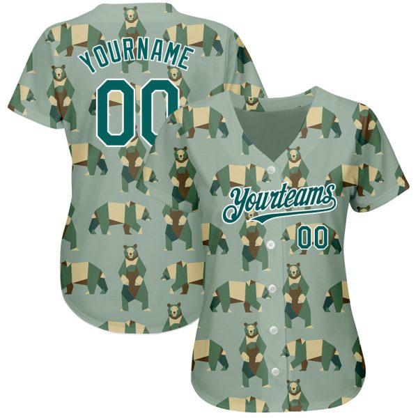 Custom Green Grass Green-White 3D Pattern Design Bear Authentic Baseball Jersey - Image 2