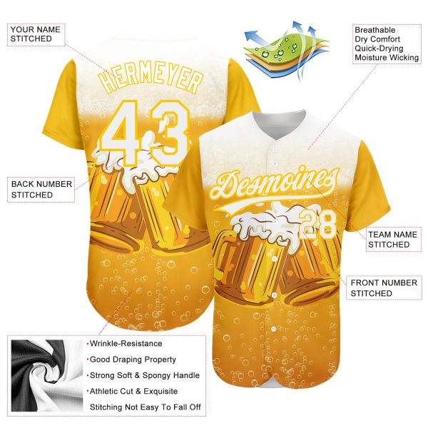 Custom Yellow White 3D Pattern Design International Beer Day Authentic Baseball Jersey - Image 3