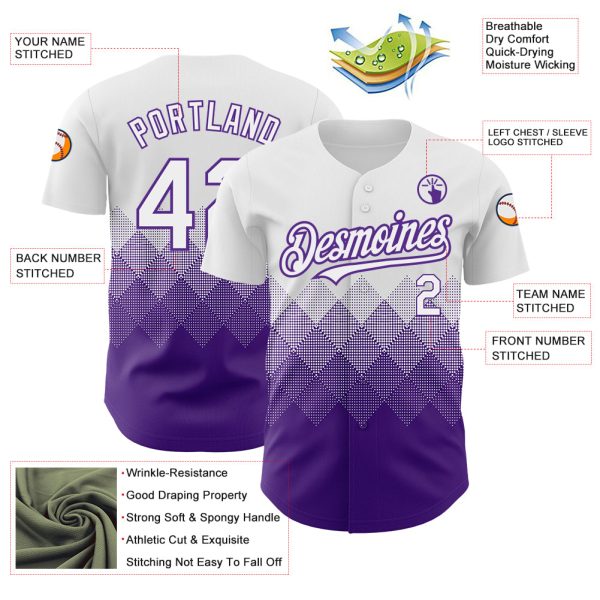 Custom White Purple 3D Pattern Design Gradient Square Shapes Authentic Baseball Jersey - Image 3