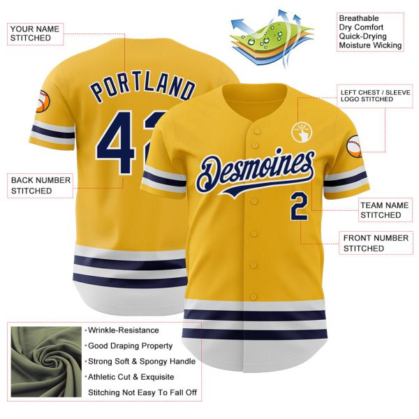 Custom Gold Navy-White Line Authentic Baseball Jersey - Image 3
