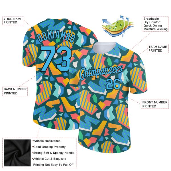 Custom Black Sky Blue 3D Pattern Design Cutout Collage Performance T-Shirt - Image 2
