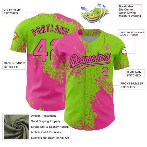 Custom Pink Neon Green-Black 3D Pattern Design Abstract Brush Stroke Authentic Baseball Jersey - Image 3