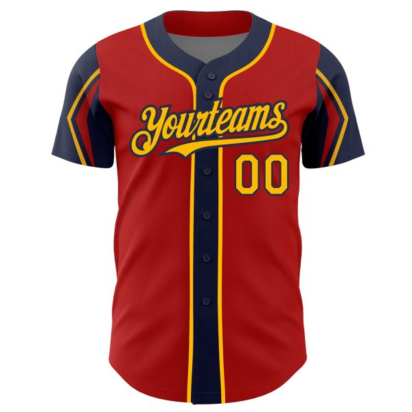 Custom Red Gold-Navy 3 Colors Arm Shapes Authentic Baseball Jersey - Image 3
