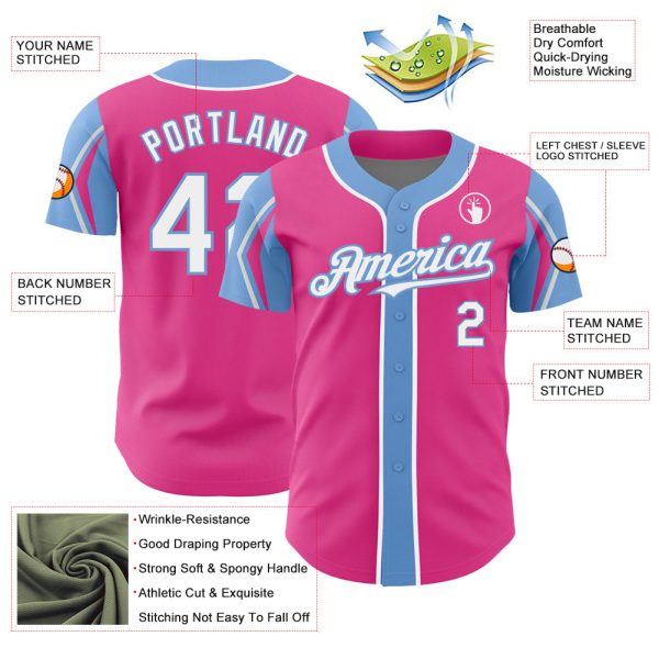 Custom Pink White-Light Blue 3 Colors Arm Shapes Authentic Baseball Jersey - Image 4