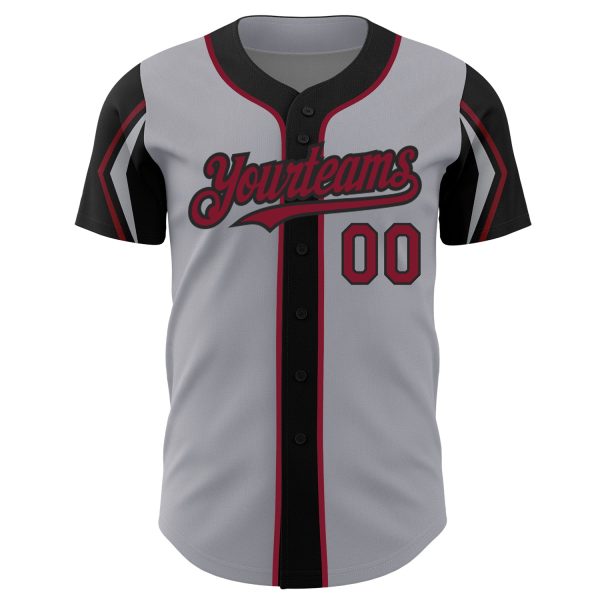 Custom Gray Crimson-Black 3 Colors Arm Shapes Authentic Baseball Jersey - Image 3