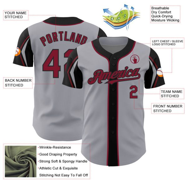 Custom Gray Crimson-Black 3 Colors Arm Shapes Authentic Baseball Jersey - Image 4
