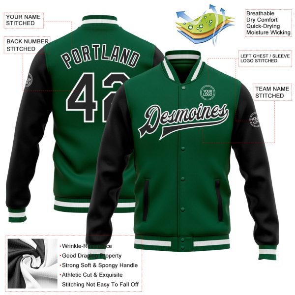 Custom Kelly Green Black-White Bomber Full-Snap Varsity Letterman Two Tone Jacket - Image 3