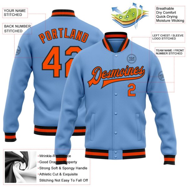 Custom Light Blue Orange-Black Bomber Full-Snap Varsity Letterman Jacket - Image 3