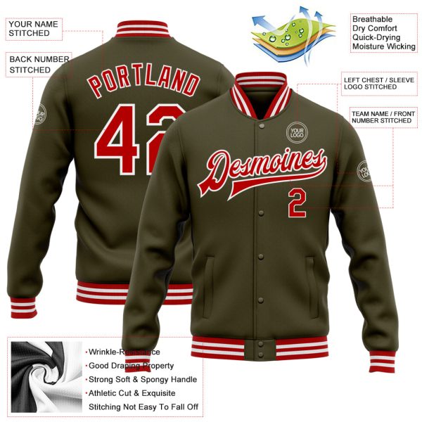Custom Olive Red-White Bomber Full-Snap Varsity Letterman Salute To Service Jacket - Image 3