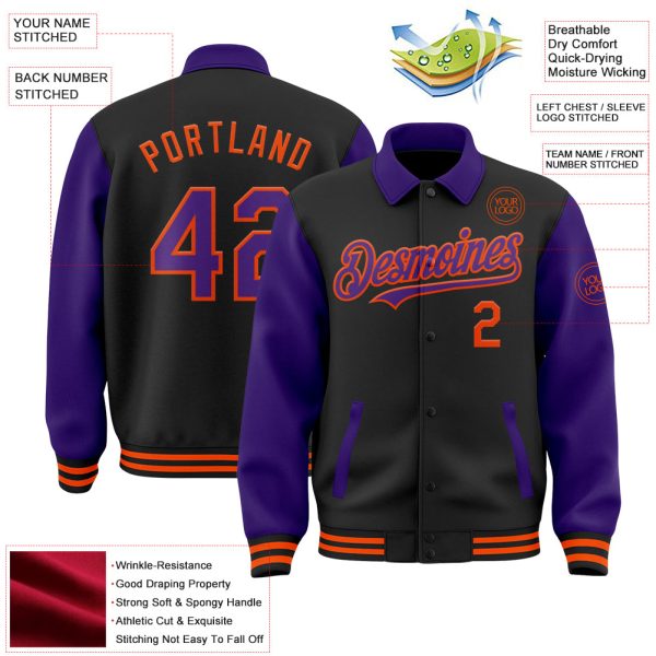 Custom Black Purple-Orange Bomber Full-Snap Varsity Letterman Two Tone Lapel Collar Byron Jacket - Image 3