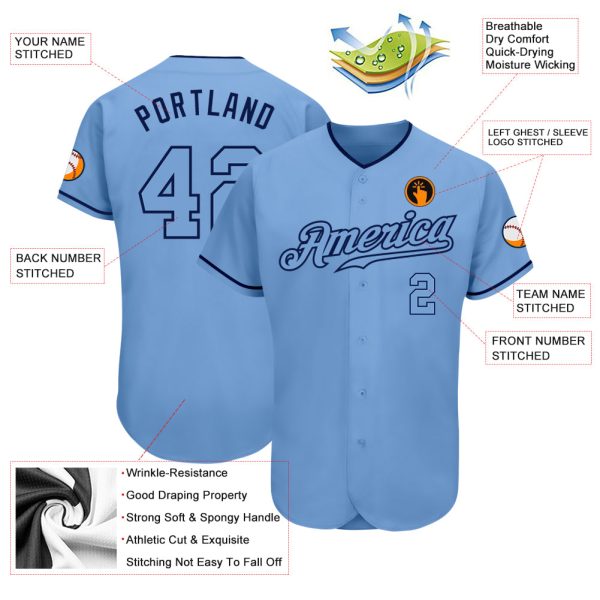 Custom Light Blue Light Blue-Navy Authentic Baseball Jersey - Image 3
