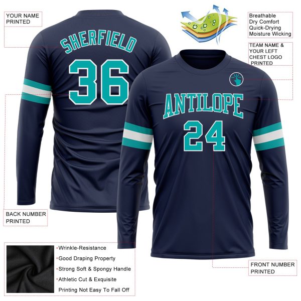 Custom Navy Aqua-White Long Sleeve Performance Salute To Service T-Shirt - Image 3