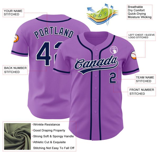 Custom Medium Purple Navy-White Authentic Baseball Jersey - Image 3
