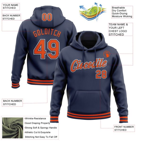 Custom Stitched Navy Orange-White Sports Pullover Sweatshirt Hoodie - Image 3