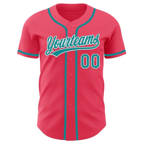 Custom Neon Pink Teal-White Authentic Baseball Jersey - Image 2