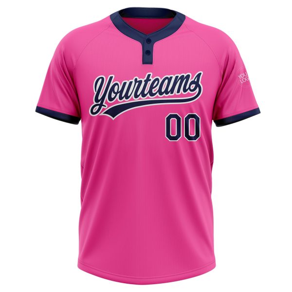 Custom Pink Navy-White Two-Button Unisex Softball Jersey - Image 2