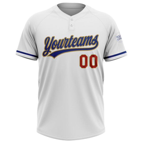 Custom White Royal Red-Old Gold Two-Button Unisex Softball Jersey - Image 2
