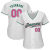 Custom White Pink-Kelly Green Authentic Baseball Jersey - Image 2