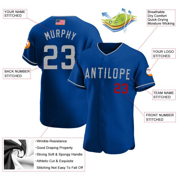Custom Royal Gray-Red Authentic American Flag Fashion Baseball Jersey - Image 3