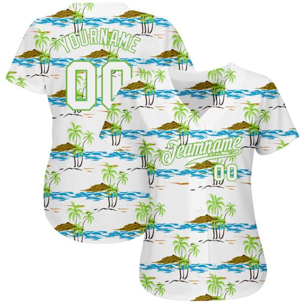 Custom White White-Neon Green 3D Pattern Design Beaches Authentic Baseball Jersey - Image 2